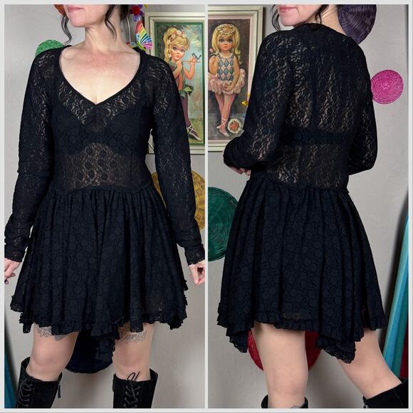 Free People Sheer Black Lace Long Sleeve Mini Dress - Picture 4 of 8